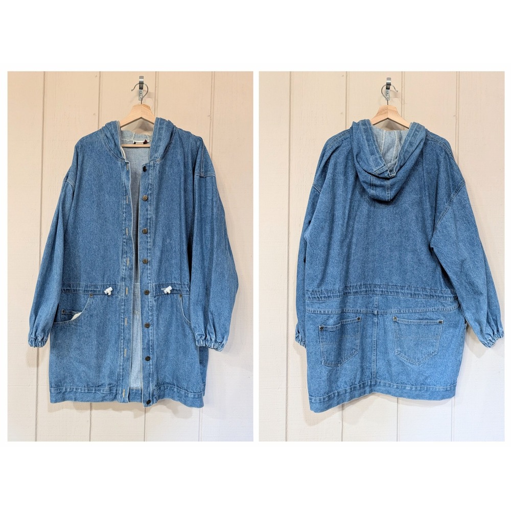 Vintage 90s Mens Denim Jacket Utility Chore Workwear Retro Mid Length Mens L‎
